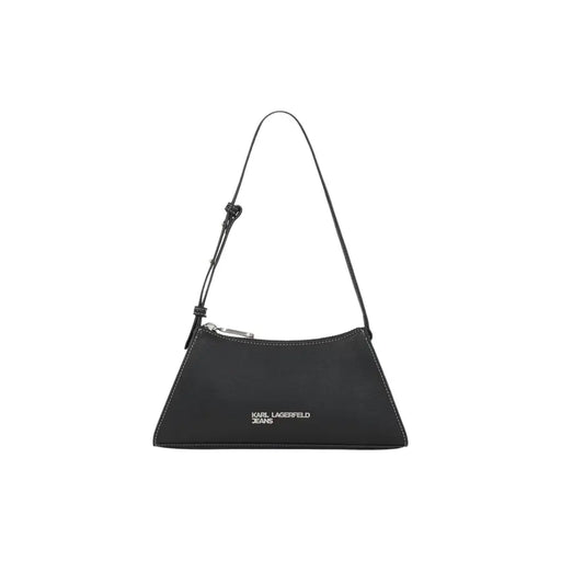 Karl Lagerfeld black polyurethane shoulder bag with sleek minimalist design and silver-tone hardware with inside pockets