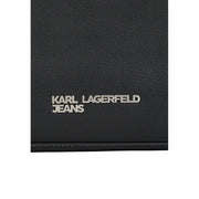 Karl Lagerfeld black polyurethane zip bag wallet with silver embossed logo and inside pockets for organized storage
