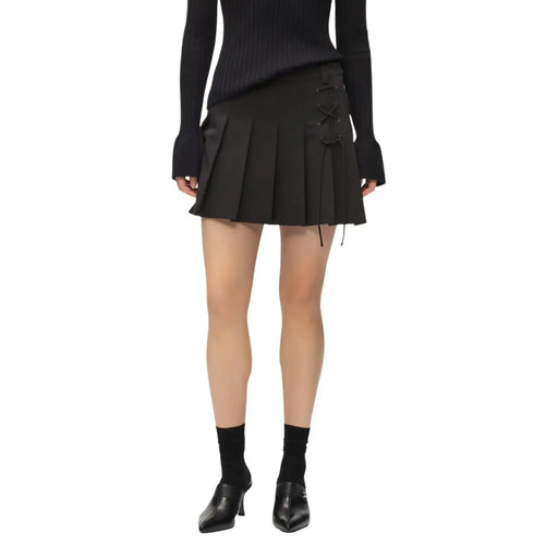 Black pleated mini skirt by Karl Lagerfeld Jeans featuring lace-up side detail and zip closure for women