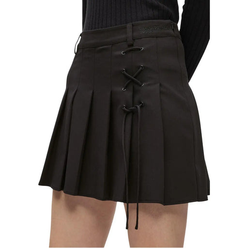 Black pleated mini skirt for women by Karl Lagerfeld Jeans with lace-up front and branded waistband