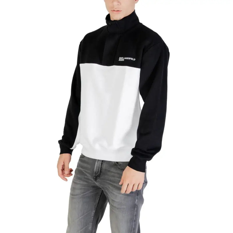 Karl lagerfeld jeans men fall winter long black and white half-zip sweatshirt with high collar front view