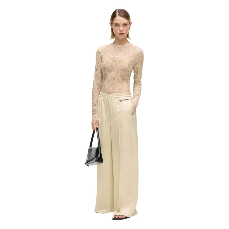 Karl lagerfeld Damen-Jeans, beigefarbene Satinhose mit weitem Bein, elegantem Finish und dezentem Markenlogo am Bund.