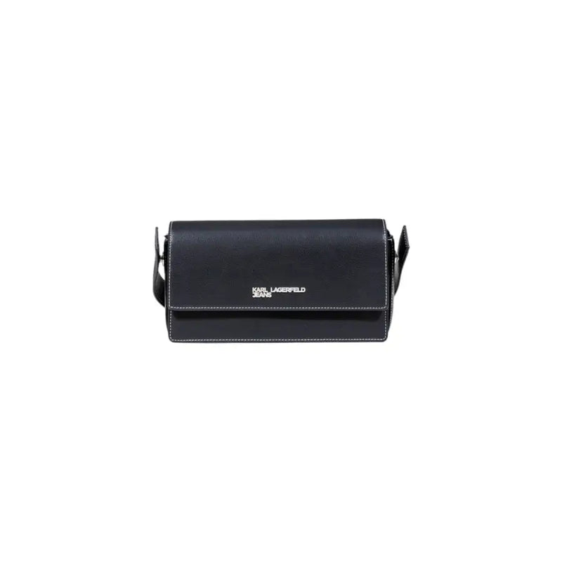 Black Karl Lagerfeld jeans women handbag with textured leather, white stitching, crossbody style, and multiple pockets
