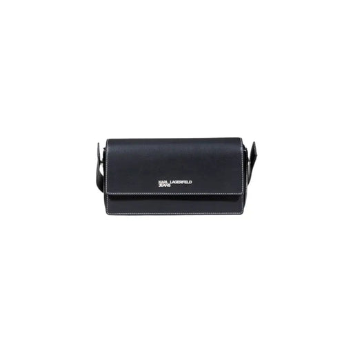 Black Karl Lagerfeld jeans women handbag with textured leather, white stitching, crossbody style, and multiple pockets