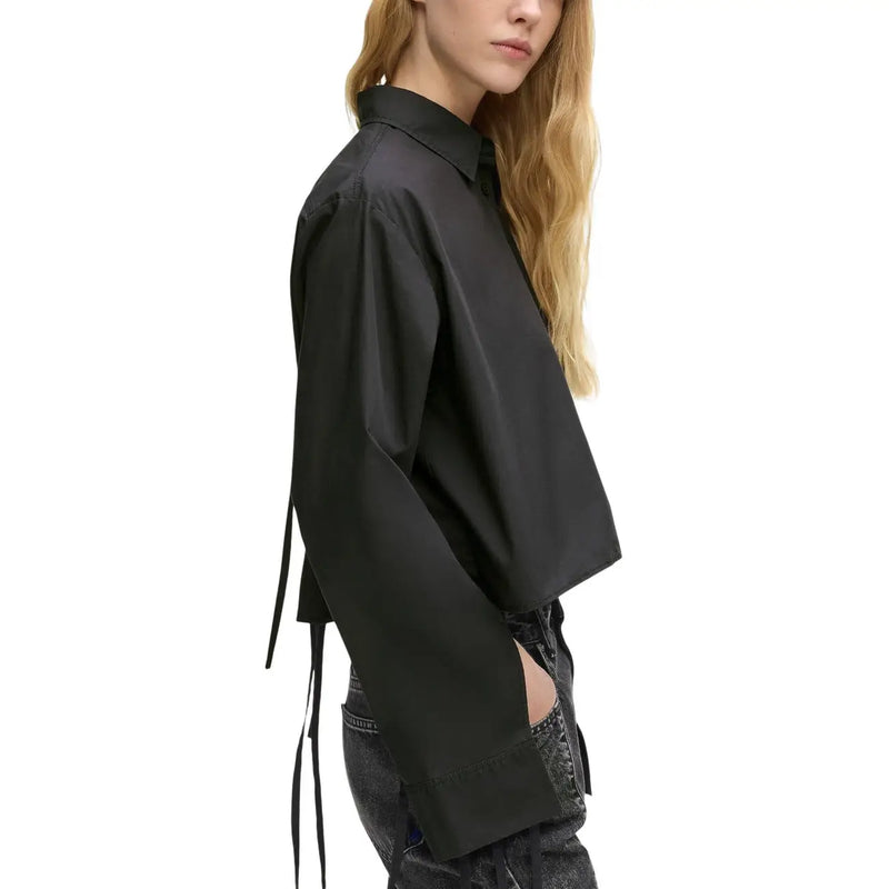 Black cropped long sleeve shirt with side tie detail made of organic cotton by Karl Lagerfeld Jeans women collection