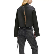 Back view of a black satin-like cropped jacket with back slit and side ties from Karl Lagerfeld Jeans women black organic cotton long shirt collection