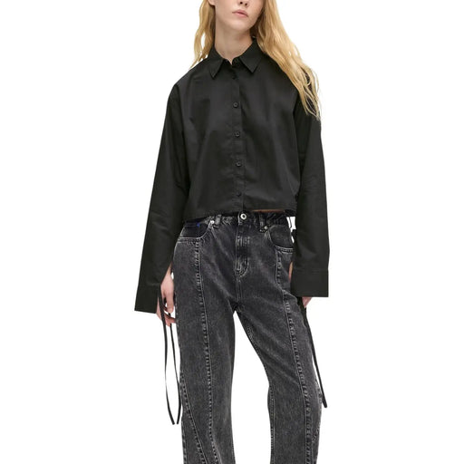 Black satin button-up long sleeve cropped shirt for women by Karl Lagerfeld Jeans in organic cotton material