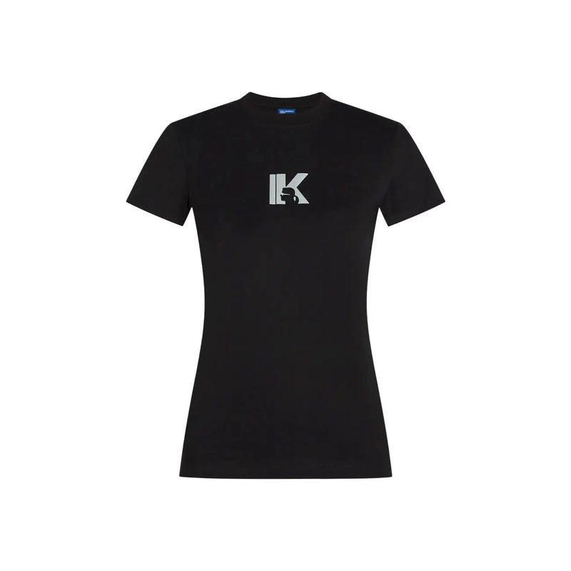 Karl Lagerfeld Jeans women black slim cotton t shirt with short sleeves and white ik logo on the chest