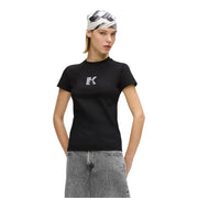 Karl Lagerfeld Jeans women black slim cotton t shirt with a white ik logo on the chest in short sleeves