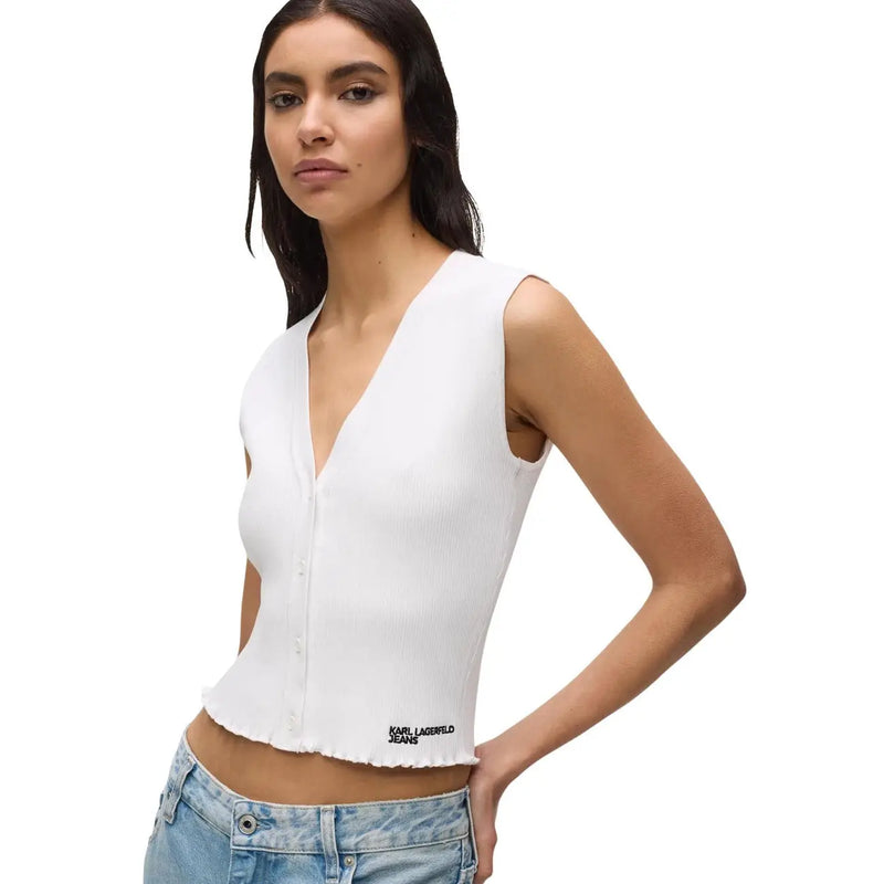 Ärmelloses, weißes Rippstrick-Top mit V-Ausschnitt top mit Knopfleiste karl lagerfeld Jeanslogo am Saum