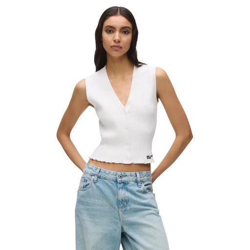Weißes ärmelloses Stricktop top von Karl Lagerfeld Jeans mit AV-Ausschnitt, Knopfleiste und ausgefranstem Saum