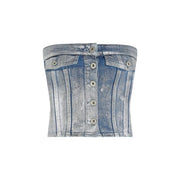 Karl Lagerfeld Jeans Damen hellblaue Baumwoll-Cropped-Denim-Corset top mit Knopfverschluss vorne und Vordertaschen