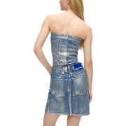 Rückseite eines karl lagerfeld Hellblaues, trägerloses Jeans-Minikleid für Damen aus Denim mit Korsett-Rückenpartie und verwaschener Waschung