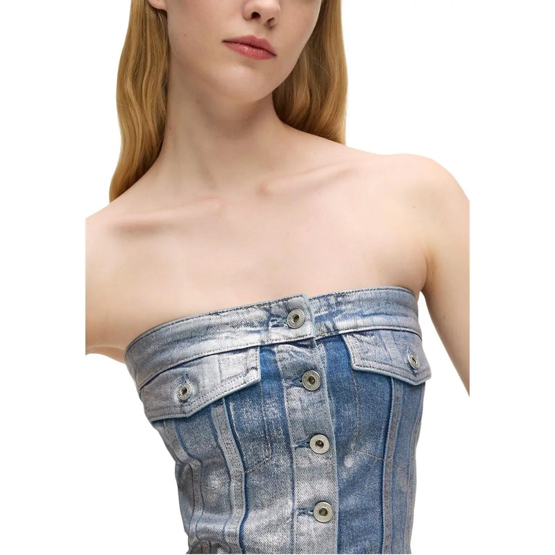 trägerloses Denim-Korsett top mit verblasster blauer Waschung und silberfarbenen Knöpfen von karl lagerfeld Jeans-Damenkollektion