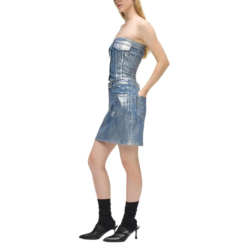 Karl Lagerfeld Hellblaues, trägerloses Jeans-Minikleid aus Baumwolle mit metallischem Glanz und mehreren Taschen