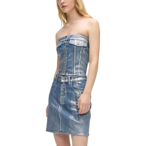 trägerloses Denim-Korsett top und ein hochgeschnittener Rock aus hellblauer Baumwolle mit metallischem Glanz und Knopfverschluss von karl lagerfeld Jeans