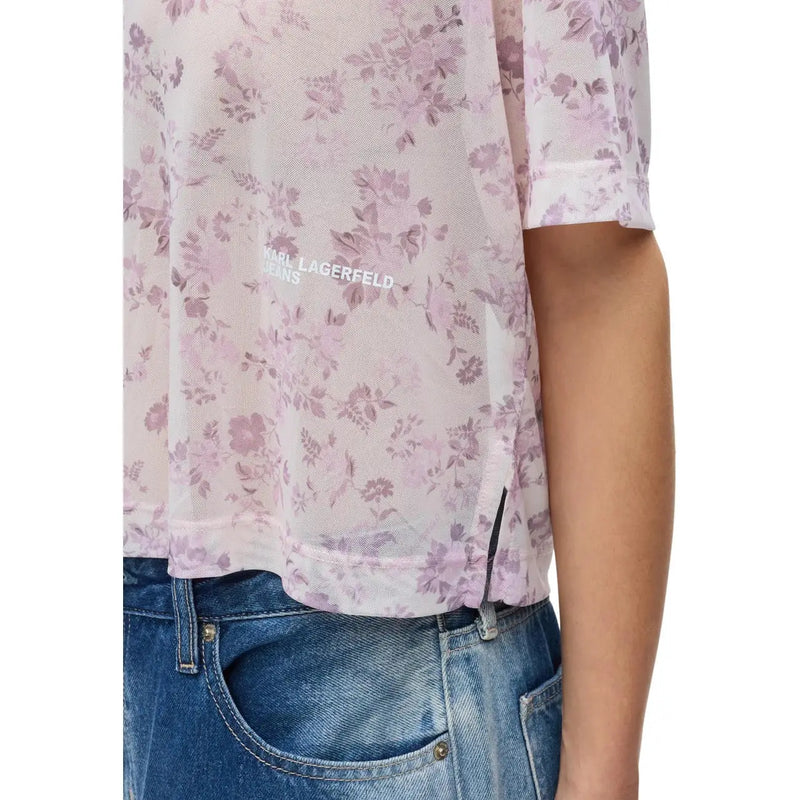 A sheer pink floral mesh round neck t shirt with subtle karl lagerfeld jeans logo on the chest for women