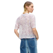 Karl Lagerfeld Jeans women pink floral mesh short-sleeved t shirt with a sheer light lavender rounded neckline