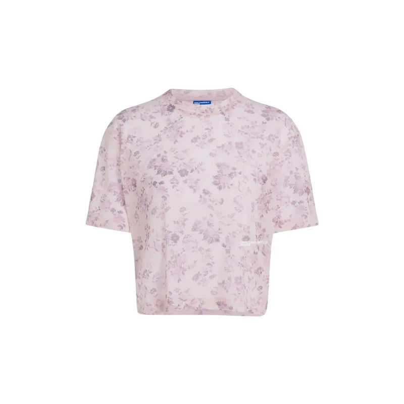 Karl Lagerfeld jeans women pink floral mesh short-sleeved crop top with delicate lavender pattern and round neck