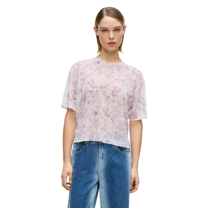 Karl Lagerfeld Jeans women pink floral mesh t shirt with a delicate semi-sheer lavender floral print and short sleeves