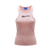 Ein zartrosa geripptes Baumwoll-Tanktop top für Frauen mit schwarzen karl lagerfeld Jeans-Schriftzug über der Brust
