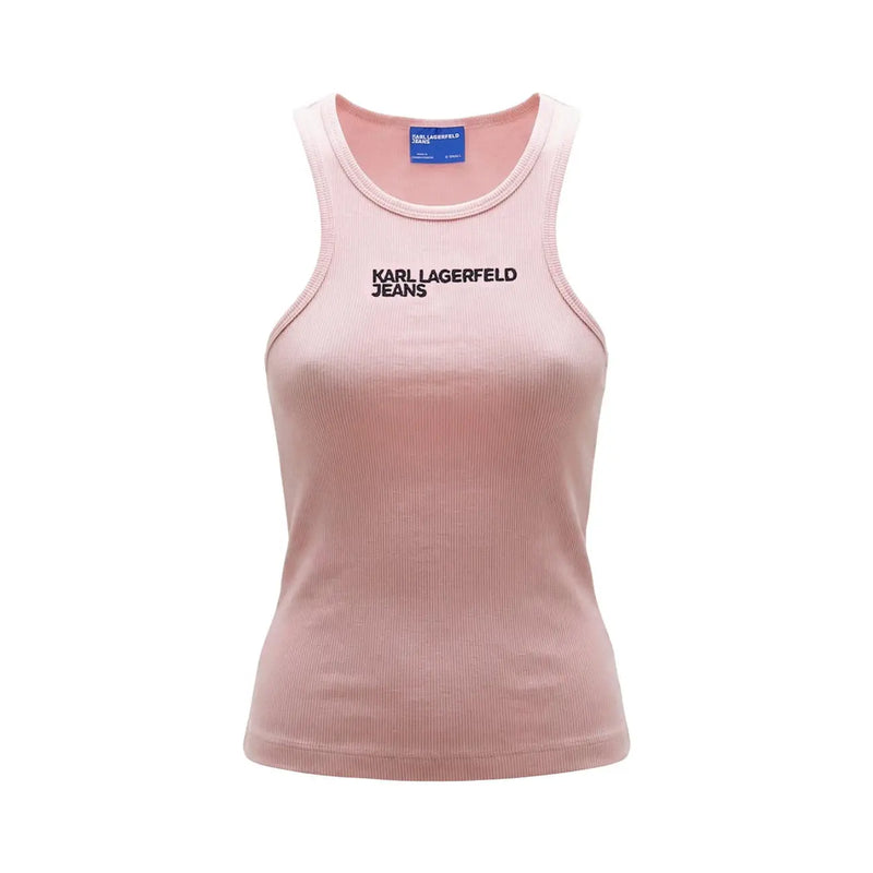 Ein zartrosa geripptes Baumwoll-Tanktop top für Frauen mit schwarzen karl lagerfeld Jeans-Schriftzug über der Brust