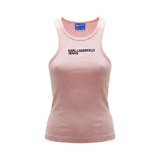 Ein zartrosa geripptes Baumwoll-Tanktop top für Frauen mit schwarzen karl lagerfeld Jeans-Schriftzug über der Brust