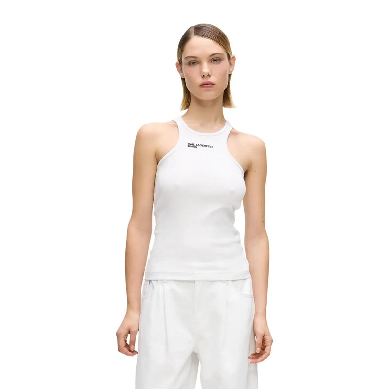Weiß Karl Lagerfeld Halftertank top mit schwarzem Logo auf der Brust, aus gerippter rosa Baumwolle für Damen von Karl Lagerfeld Jeans
