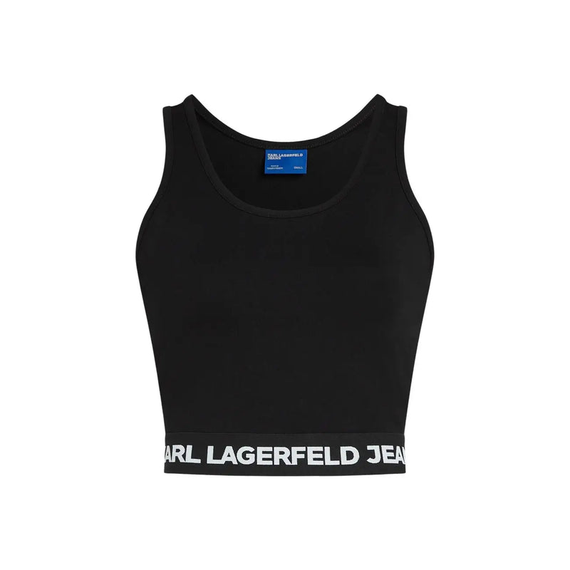 Schwarz karl lagerfeld Ärmelloses Jeans-Crop-Top top aus Viskose mit weißem Logoband am Saum für Damen