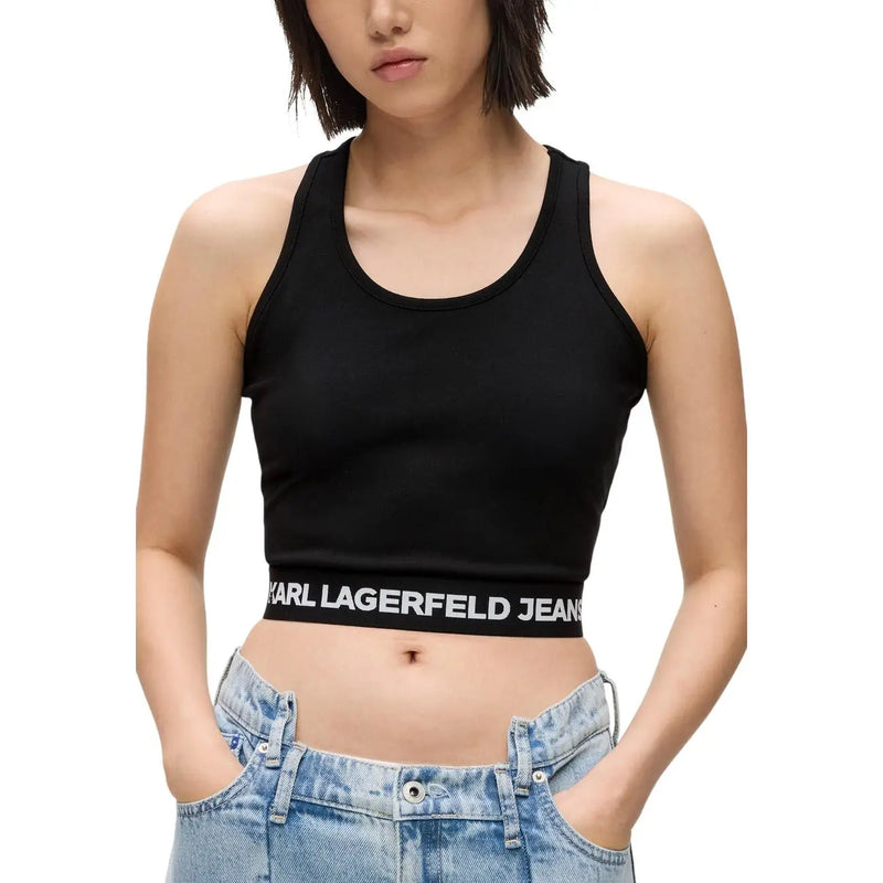 Schwarz karl lagerfeld Ärmelloses Jeans-Crop-Top top aus Viskose mit weißem Logoband am Saum für Damen