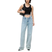Hellblaue Denim-Jeans mit hohem Bund, weitem Bein, klassischem Five-Pocket-Design und sichtbaren Ziernähten von Karl Lagerfeld