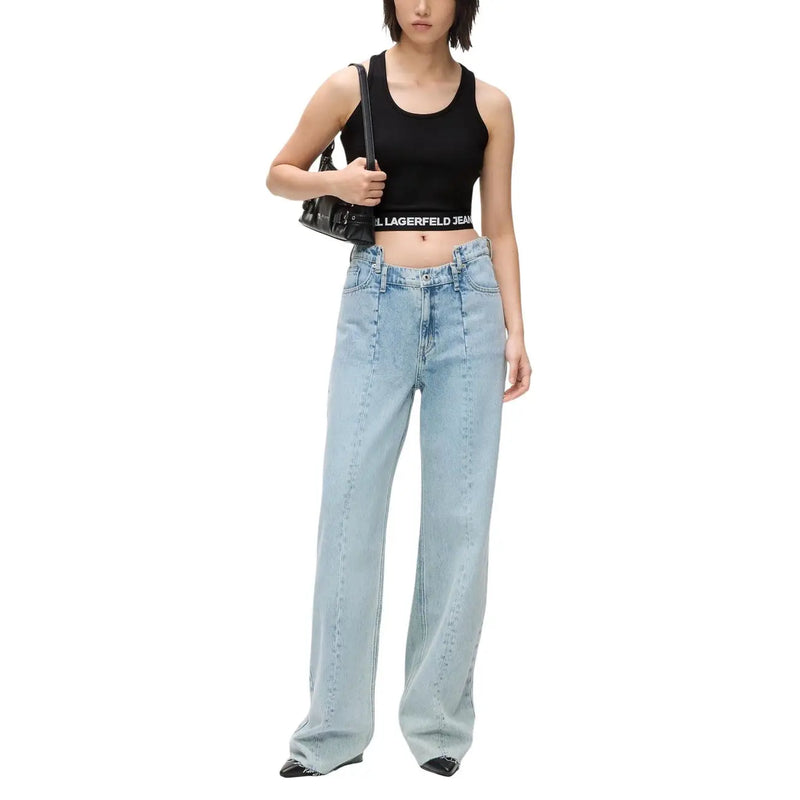 Hellblaue Denim-Jeans mit hohem Bund, weitem Bein, klassischem Five-Pocket-Design und sichtbaren Ziernähten von Karl Lagerfeld