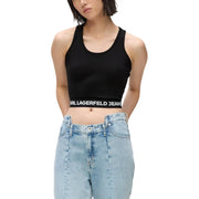 Karl Lagerfeld ärmellose Jeans für Damen top Schwarze Viskose mit weißem Markenband am Bund, kurzes Design