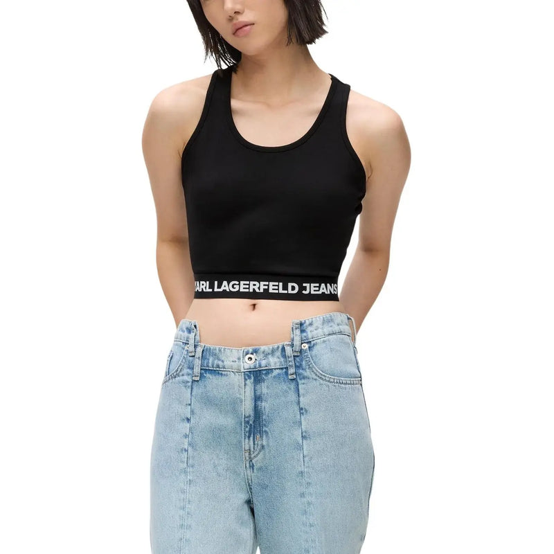 Karl Lagerfeld ärmellose Jeans für Damen top Schwarze Viskose mit weißem Markenband am Bund, kurzes Design