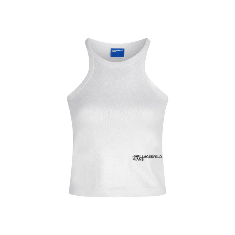 Ärmelloses, weißes, geripptes Baumwollstrickshirt top mit Schwarz karl lagerfeld Jeans-Branding und ein blaues Halsausschnittetikett