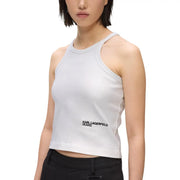 Weißes, geripptes, ärmelloses Crop-Top top in silberner Baumwolle mit schwarzem karl lagerfeld Jeans-Logo unten links für Damen