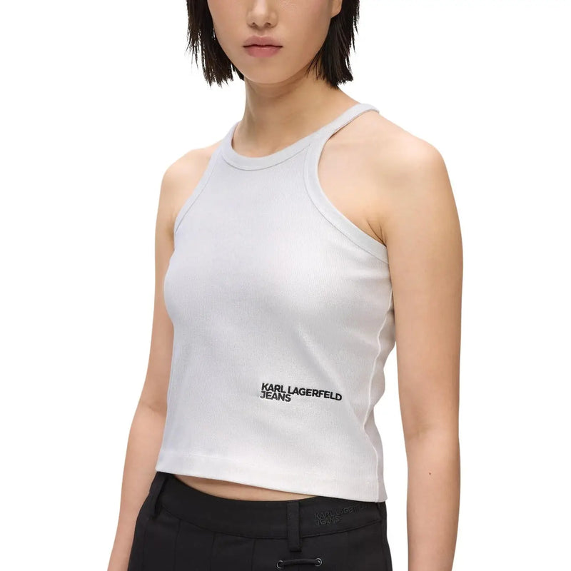 Weißes, geripptes, ärmelloses Crop-Top top in silberner Baumwolle mit schwarzem karl lagerfeld Jeans-Logo unten links für Damen