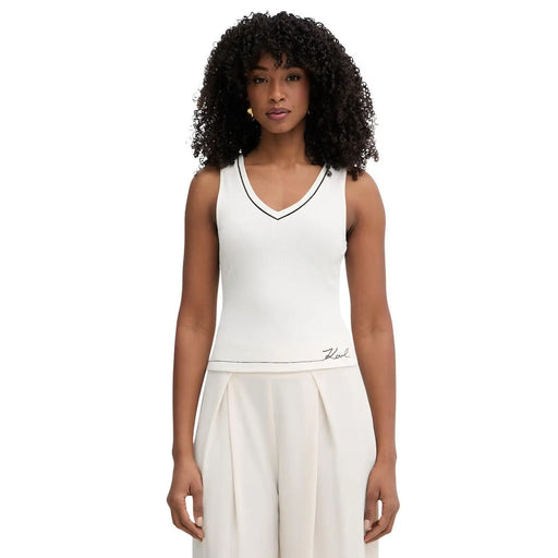 Karl Lagerfeld Jeans Damen Tanktop top Ärmelloses Oberteil aus beigefarbenem Viskose mit schwarzem Besatz am V-Ausschnitt und gesticktem Logo am Bund
