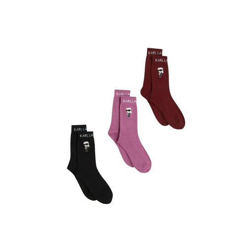 Set mit drei Karl Lagerfeld Marken-Baumwollsocken in Schwarz, Rosa und Burgunderrot mit gestickten Cartoon-Motiven