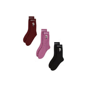 Set mit drei Karl Lagerfeld Baumwollsocken in Burgunderrot, Mauve und Schwarz mit gestickten Comicfiguren am Knöchel
