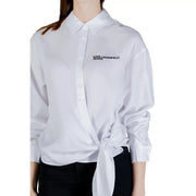 Karl Lagerfeld Jeans women white lyocell long button-down shirt with knotted front detail and black embroidered branding