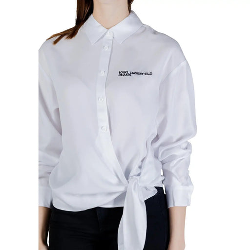 Karl Lagerfeld Jeans Damen weißes Lyocell langes Hemd mit Knopfleiste, geknotetem Detail vorne und schwarzem gesticktem Logo