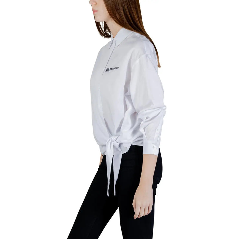 Karl Lagerfeld women white lyocell long shirt with knotted waist and subtle black logo on chest