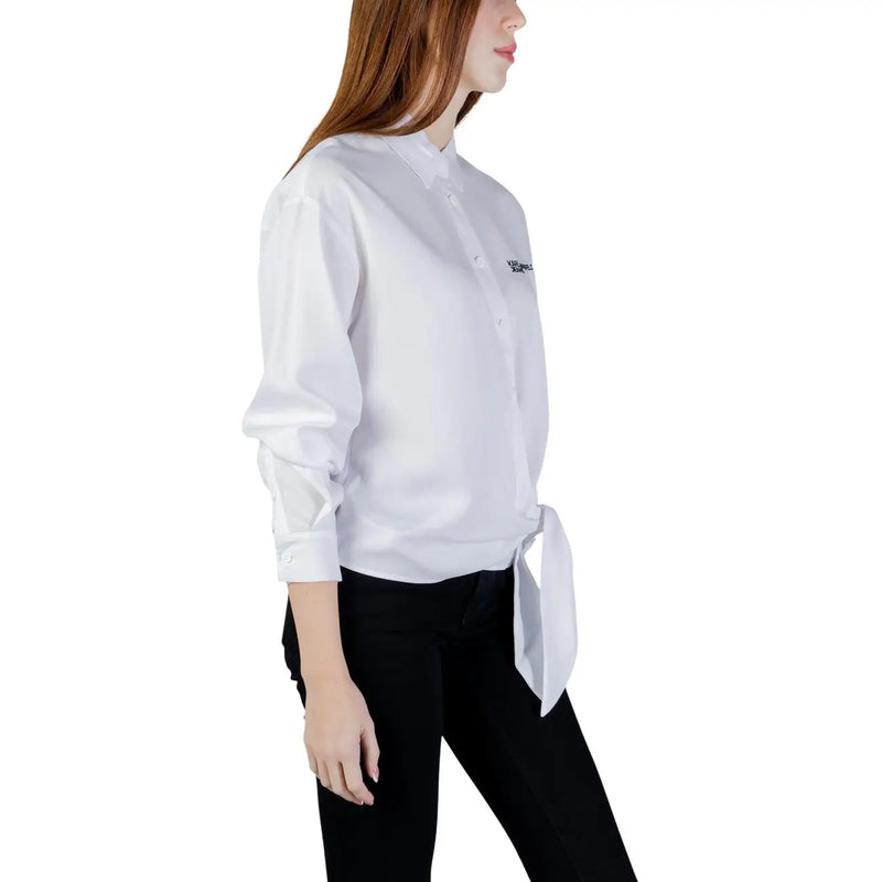 Karl lagerfeld jeans women white lyocell long shirt with a subtle embroidered logo and tied waist detail