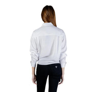 White lyocell long shirt by karl lagerfeld jeans with classic collar and subtle back pleats shown from the back