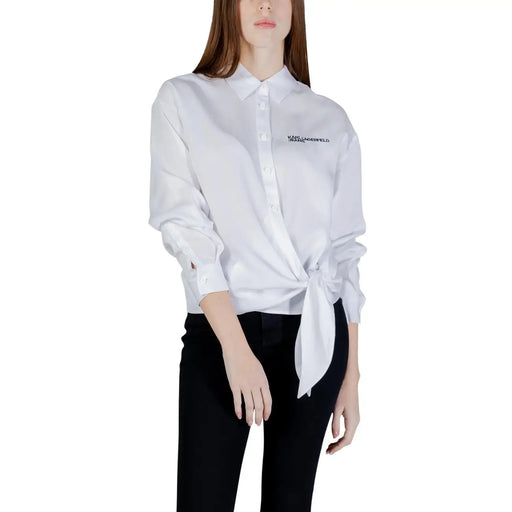 Weiß Karl Lagerfeld Langes Lyocell-Shirt für Damen mit geknoteter Vorderseite und schwarzer Bruststickerei