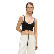 Karl Lagerfeld schwarze, geraffte Jeans für Damen, kurze top mit weißem Besatz und Kordelzug in der Taille für lässige Kleidung