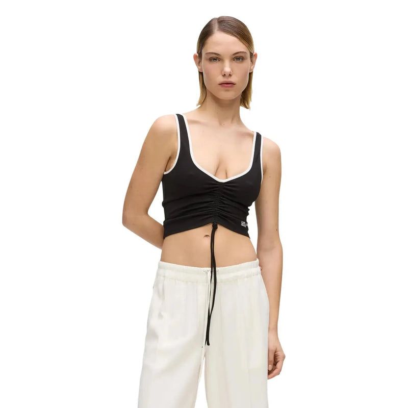 Karl Lagerfeld schwarze, geraffte Jeans für Damen, kurze top mit weißem Besatz und Kordelzug in der Taille für lässige Kleidung