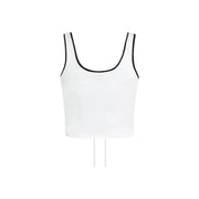 Weißes, gerafftes Bralette top von Karl Lagerfeld Jeans mit schwarzem Besatz an Halsausschnitt und Armausschnitten, die einen Kordelzug am Rücken freilegen