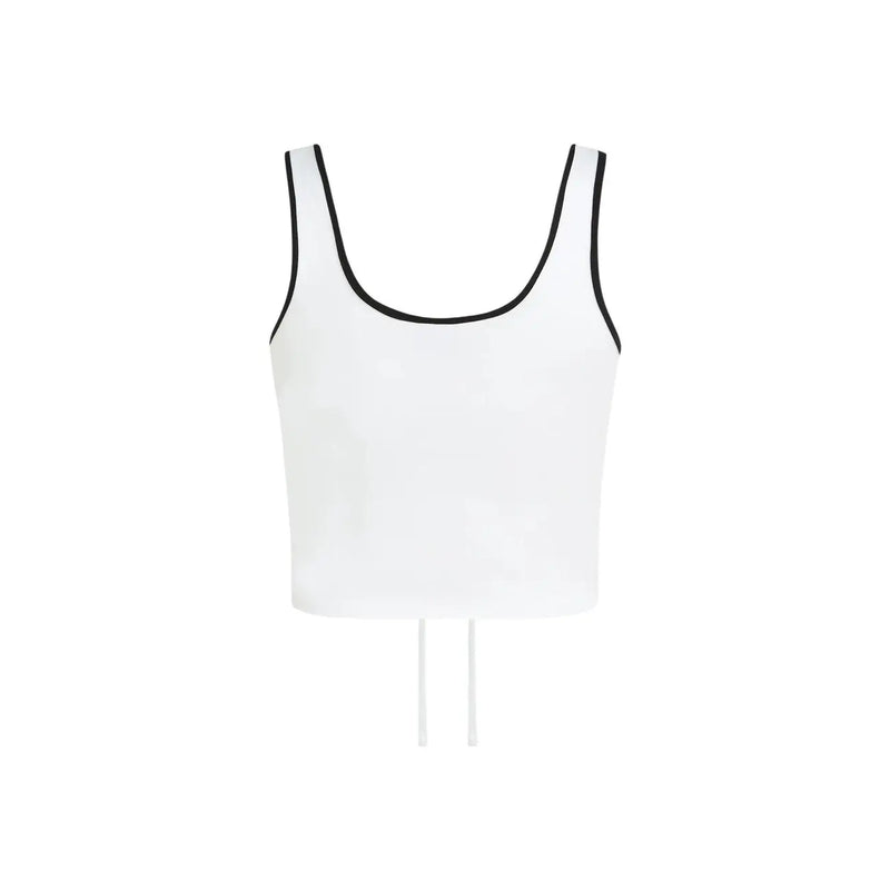 Weißes, gerafftes Bralette top von Karl Lagerfeld Jeans mit schwarzem Besatz an Halsausschnitt und Armausschnitten, die einen Kordelzug am Rücken freilegen